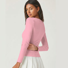 Pink square neck rib knit top back view
