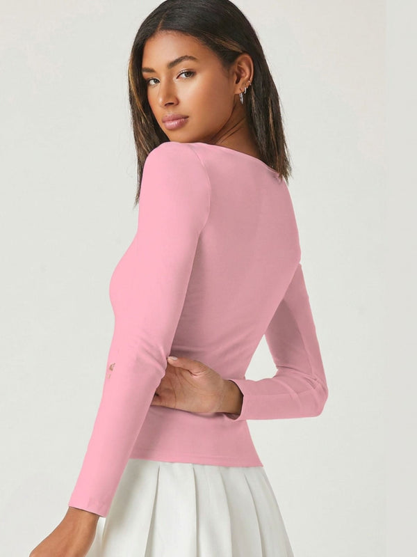 Pink square neck rib knit top back view