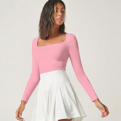 Pink square neck rib knit top front view