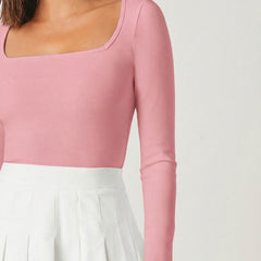 Pink square neck rib knit top model view 4