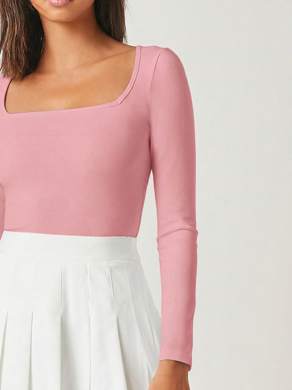 Pink square neck rib knit top model view 4