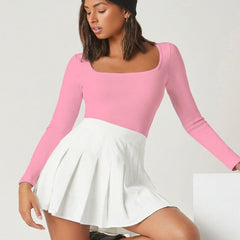 Pink square neck rib knit top model view 5