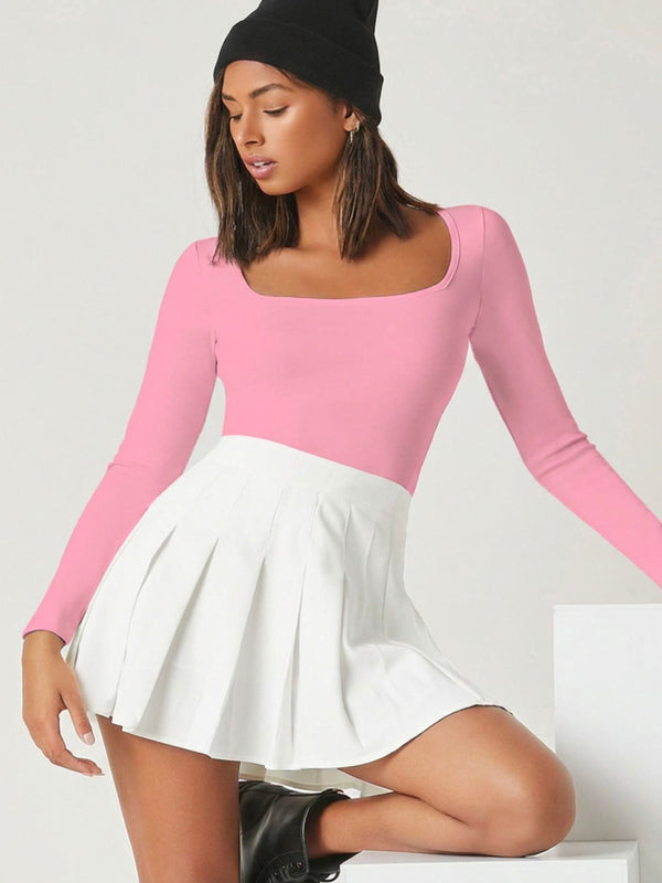 Pink square neck rib knit top model view 5