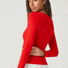Red square neck rib knit top back view