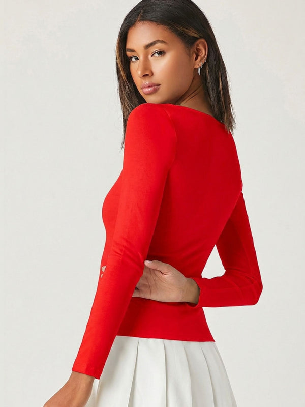 Red square neck rib knit top back view