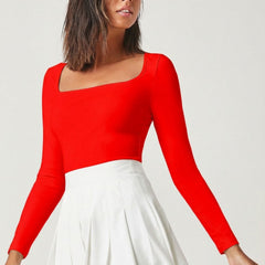 Red square neck rib knit top front view