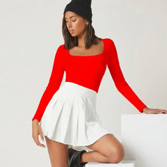 Red square neck rib knit top model view 3