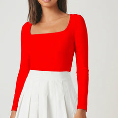 Red square neck rib knit top model view 4