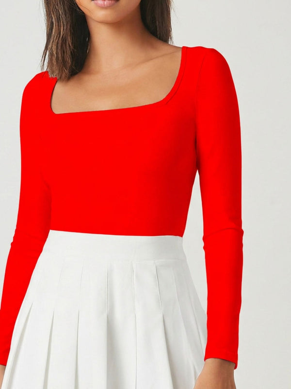 Red square neck rib knit top model view 4