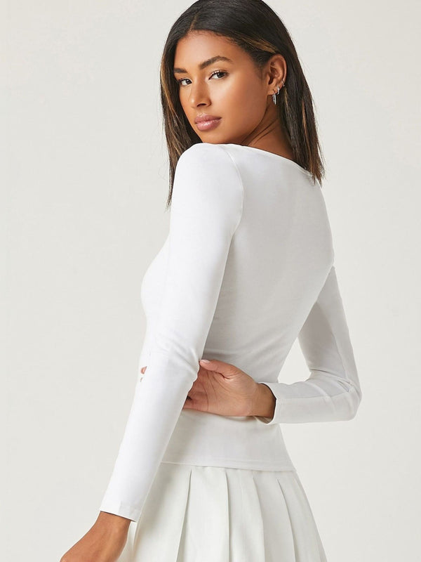 White square neck rib knit top back view