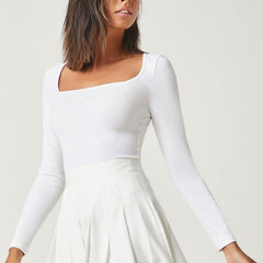 White square neck rib knit top front view