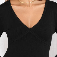 Black lace trim v-neck top model view 3