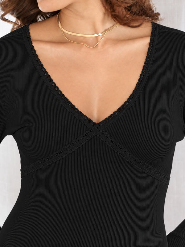 Black lace trim v-neck top model view 3