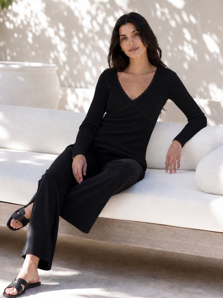 Black lace trim v-neck top model view 4