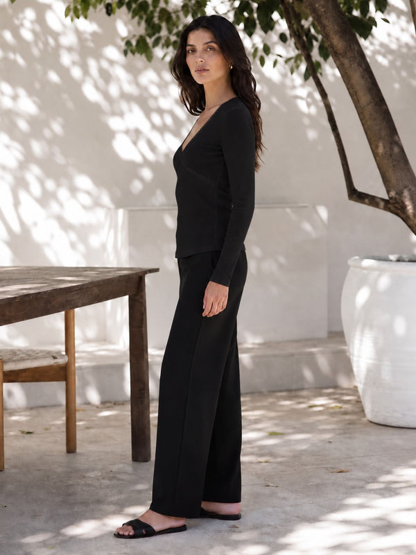 Black lace trim v-neck top model view 7