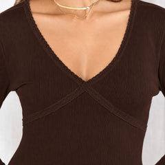 Brown lace trim v-neck top model view 3