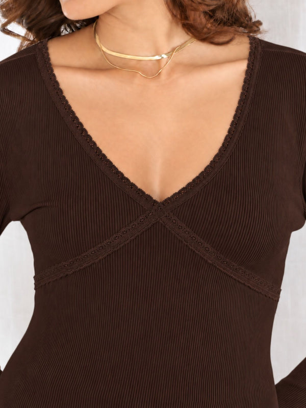 Brown lace trim v-neck top model view 3