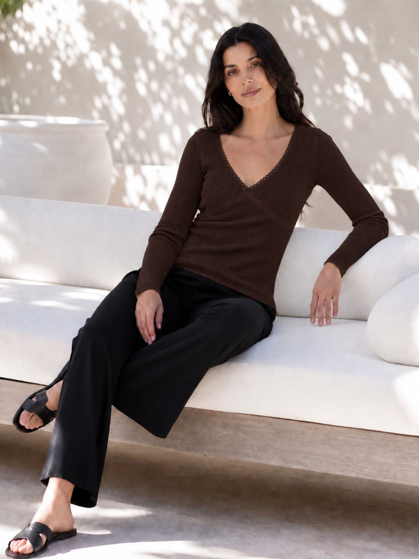 Brown lace trim v-neck top model view 4