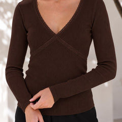 Brown lace trim v-neck top model view 5