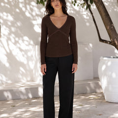 Brown lace trim v-neck top model view 6