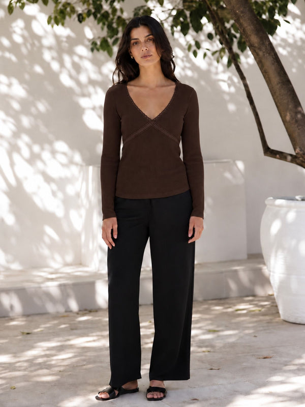 Brown lace trim v-neck top model view 6