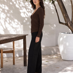 Brown lace trim v-neck top model view 7