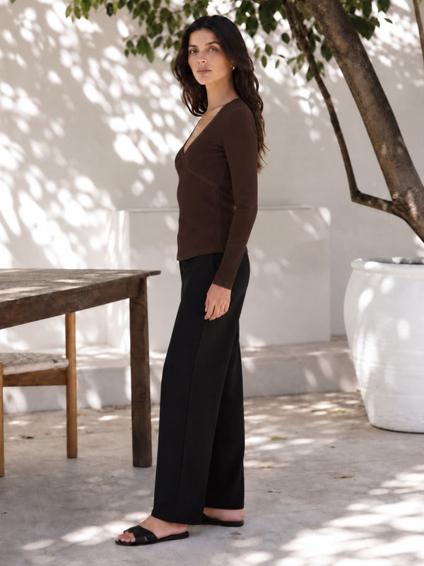 Brown lace trim v-neck top model view 7
