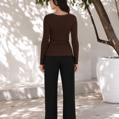 Brown lace trim v-neck top back view