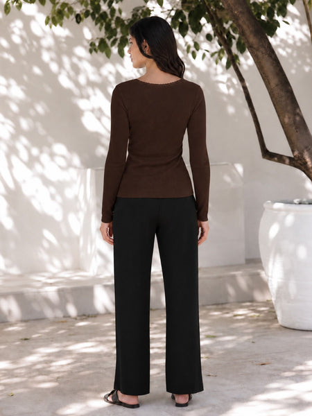 Brown lace trim v-neck top back view