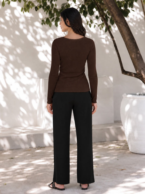 Brown lace trim v-neck top back view