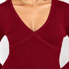 Maroon lace trim v-neck top model view 3
