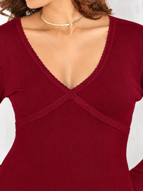 Maroon lace trim v-neck top model view 3
