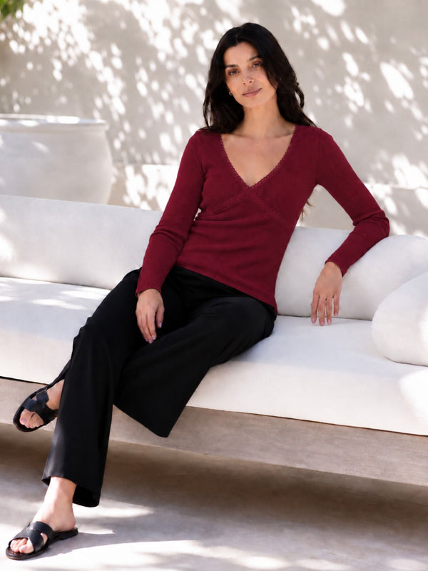 Maroon lace trim v-neck top model view 4