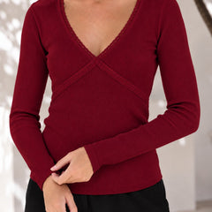 Maroon lace trim v-neck top model view 5