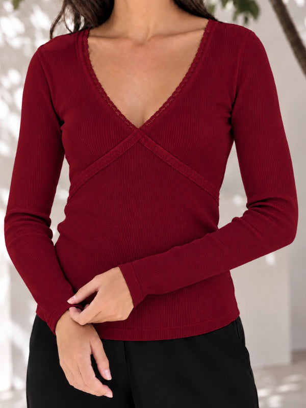 Maroon lace trim v-neck top model view 5