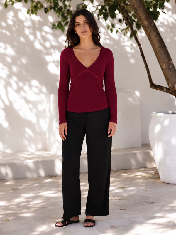 Maroon lace trim v-neck top model view 6