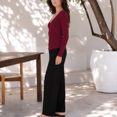 Maroon lace trim v-neck top model view 7