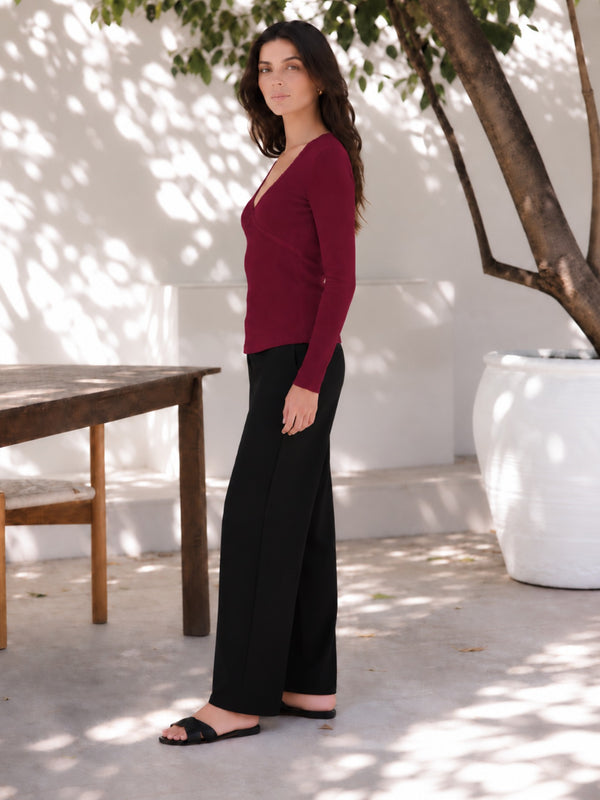 Maroon lace trim v-neck top model view 7