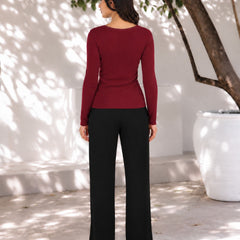 Maroon lace trim v-neck top back view