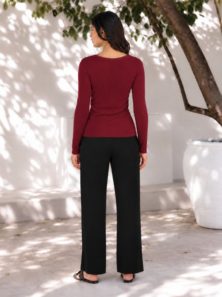 Maroon lace trim v-neck top back view