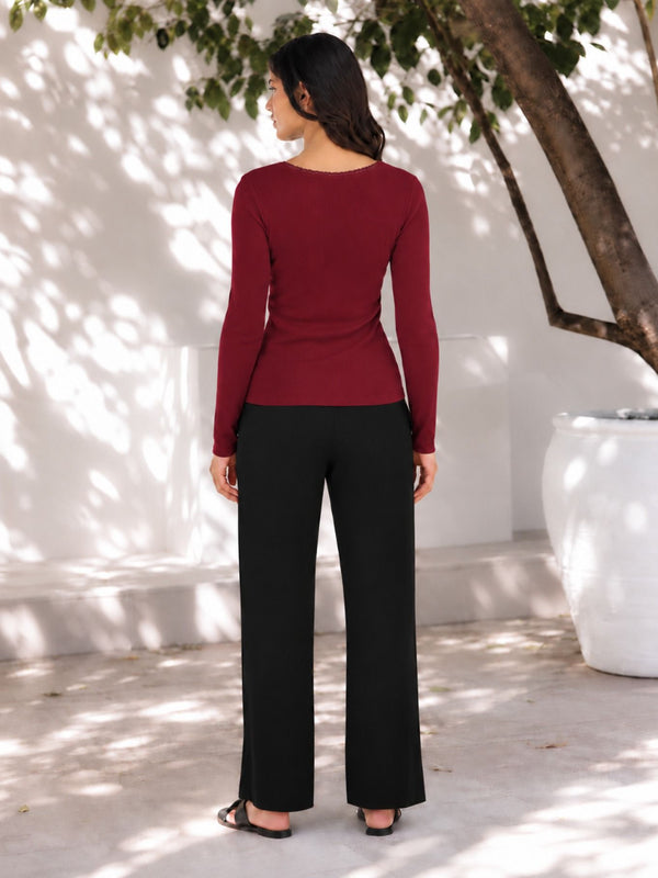 Maroon lace trim v-neck top back view