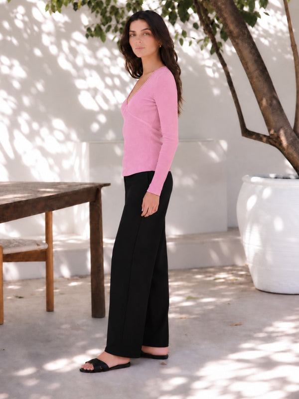 Pink lace trim v-neck top model view 3