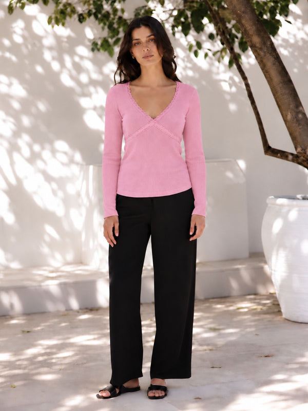 Pink lace trim v-neck top model view 6
