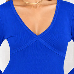 Royal Blue lace trim v-neck top model view 3