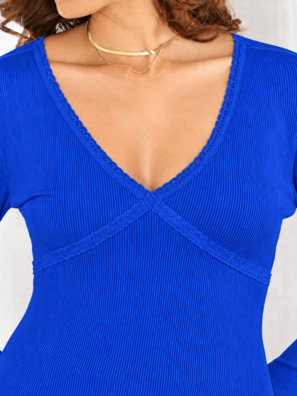 Royal Blue lace trim v-neck top model view 3