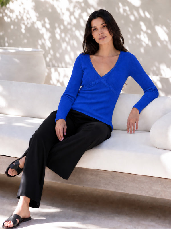 Royal Blue lace trim v-neck top model view 4