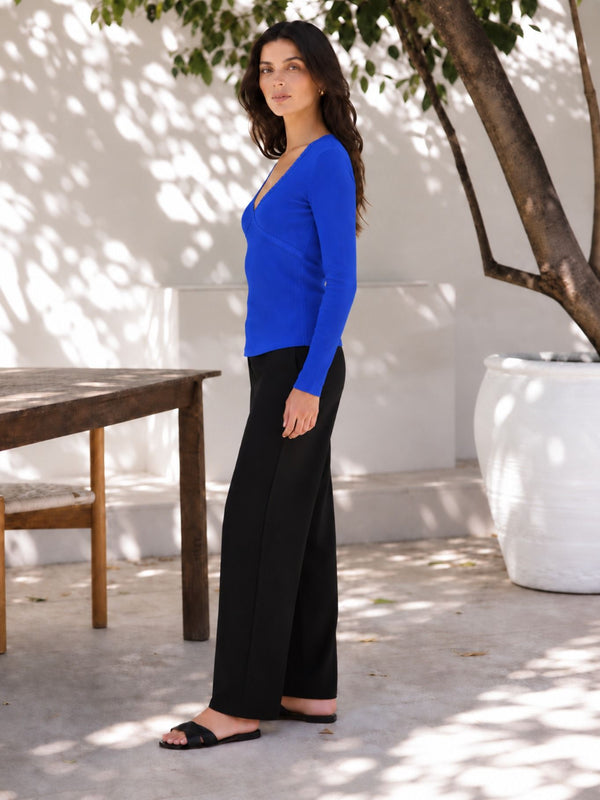 Royal Blue lace trim v-neck top model view 7
