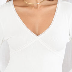 White lace trim v-neck top model view 3