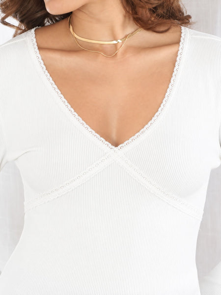 White lace trim v-neck top model view 3