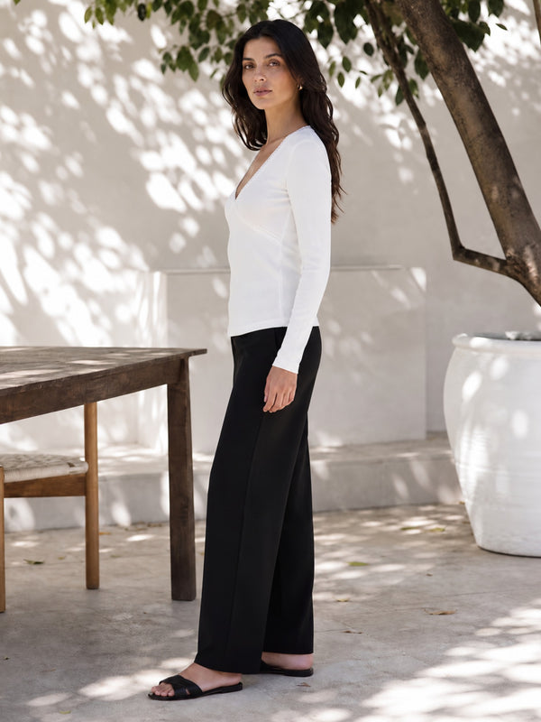 White lace trim v-neck top model view 7